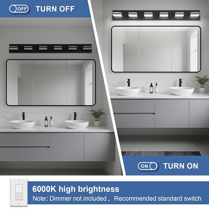 Modern LED Bathroom Lights Fixtures 6-Light,Metal Black Acrylic Wall Lighting,Vanity Lights for Bathroom Over Mirror 6000k 41in