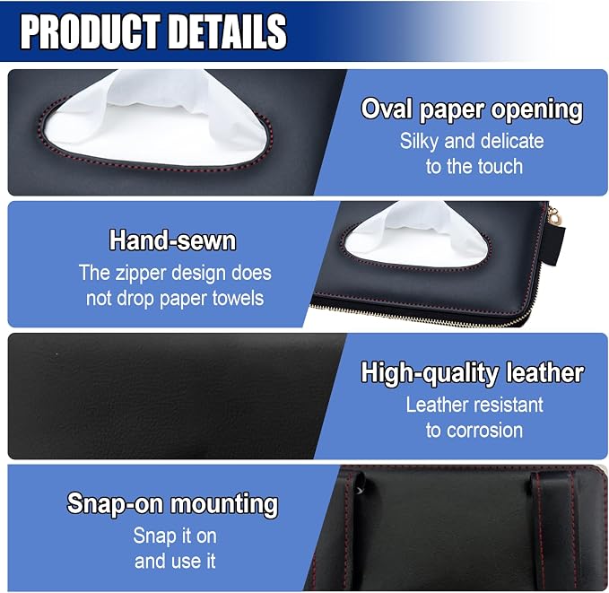 Car Tissue Holder, Leather Car Sun Visor Napkin Box with Tissue Refill, Auto Backseat Paper Carton Mask Dispenser with Zipper, Universal Hanging Vehicle Towel Clip for RV, SUV, Truck (Black)
