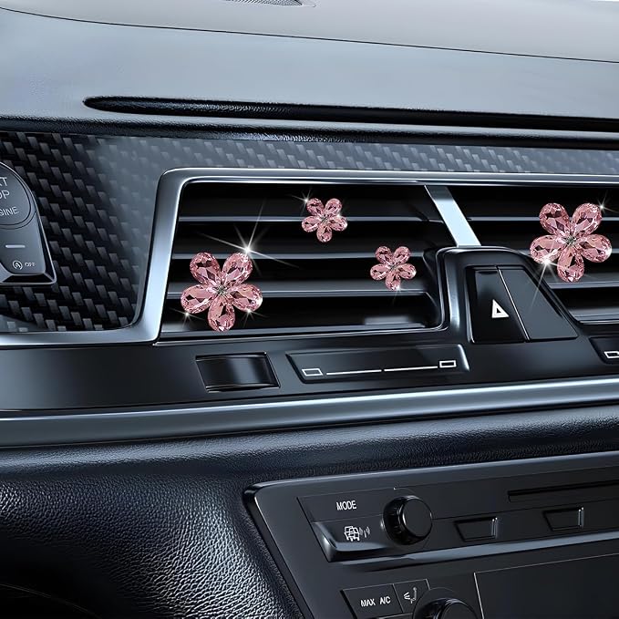 5PCS Bling Flower Car Air Vent Clips, Crystal Rhinestone Vehicle Air Conditioning Outlet Clip, Diamond Automotive Interior Decoration Charm, Universal for Automobile RV Truck (Pink)