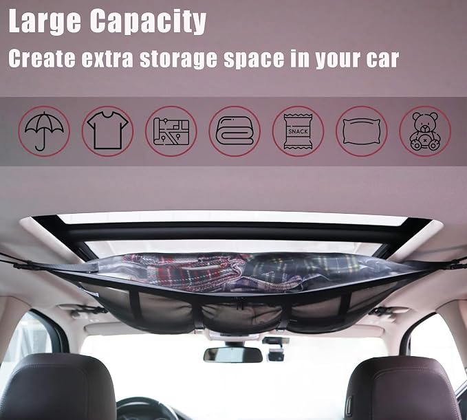 Car Ceiling Cargo Net Pocket 31"x21" Double-Layer Roof Storage for SUV Van | Heavy-duty nylon 31"x21" double-layer ceiling net, fits 4-handle SUVs & vans, holds gear for camping, road trips & van life