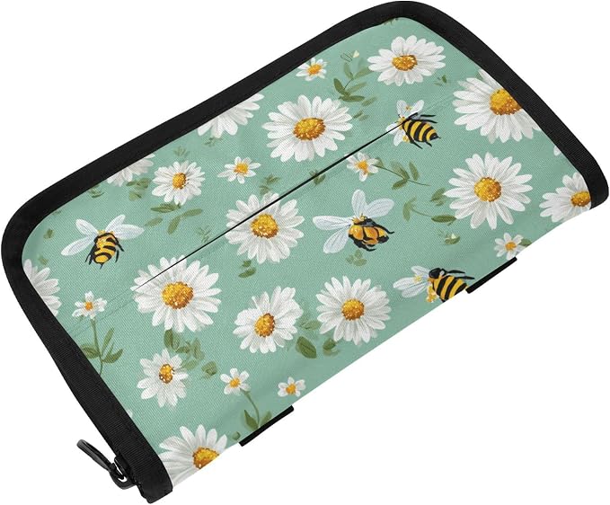 Mint Green Daisy Flowers and Bees Car Tissue Holder Durable Napkin Holder Hanging Tissue Holders Case Car Tissues Bag for Sun Visor Seat Back Universal Auto