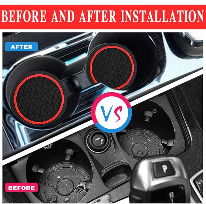Car Cup Holder Coasters, Dustproof Automotive Interior Accessories Mat,2.75 Inch Non-Slip Insert Water Bottle Holder Pads, Universal for Vehicles, Trucks, RVs and More (Black/Red, 4PCS)