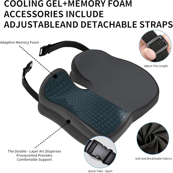 Memory Foam Ergonomic Seat Cushion for Office Chairs Pain Relief | Suitable for prolonged sitting, relieves tailbone pain, fits office chairs, wheelchairs, car seats and computer desk chairs
