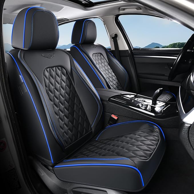 Coverado Front Car Seat Covers, Non-Slip Dust-Proof Nappa Leather, Universal Fit for Cars & Pickup Trucks, Waterproof Car Seat Protectors, Black & Blue Design for Sedans & SUVs