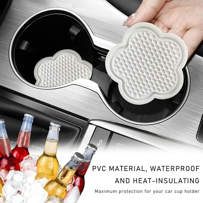 DXNQ 2 PCS Car Cup Coasters, Cute Flower Shaped Car Cup Holder Mat, PVC Waterproof Anti Slip Vehicle Cup Holder Insert Coaster, Universal Car Interior Decor Accessories (White)