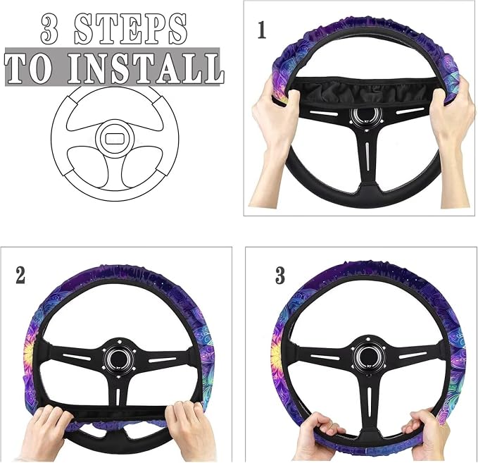 AFPANQZ Automotive Steering Wheel Covers Universal Fit 14 to 15 inch, Purple Bohemian Flower Steering Wheel Protector with Cloth for Women Keep Warm Comfort Grip Sweat Absorption Neoprene