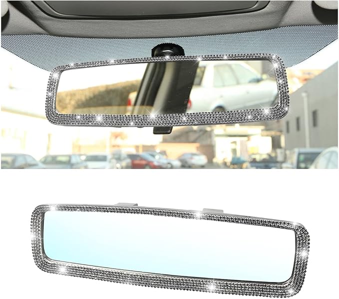 Car Bling Rearview Mirror, Rhinestones Crystal Diamonds Rear View Mirrors with HD Glass, Universal Clip-on Rear View Mirrors for Cars, Vehicles, SUVs, Car Accessories for Women Girls (Black)