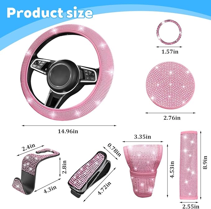 8PCS Bling Car Accessories Set, Sparkly Rhinestone Vehicle Steering Wheel Seat Belt Gear Shift Start Stop Button Cover, Diamond Auto Cup Holder Coaster Decoration, Universal Fit (All Pink)