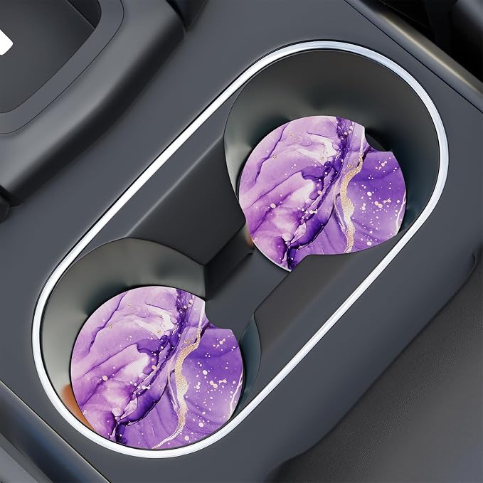 Car Cup Holder Coaster, Car Coasters for Cup Holders, 2 Pack Universal Anti Slip Insert Absorbent Ceramic Auto Interior Accessories with A Finger Notch & Cork Base, Purple Marble