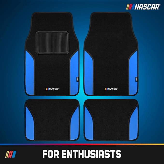 NASCAR Car Floor Mats, Carpet & Blue Leather Design Car Mats, Universal-Fit All-Weather Car Floor Mats with Built-in Heel Pad & Anti-Slip Backing, Durable Odorless Automotive Interior Accessories