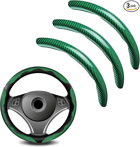 3pcs Universal Carbon Fiber Steering Wheel Cover - Anti-Slip & Segmented Design, Universal 99% Durable Steering Wheel Protector for Men and Women, Car Interior Accessory (Green)