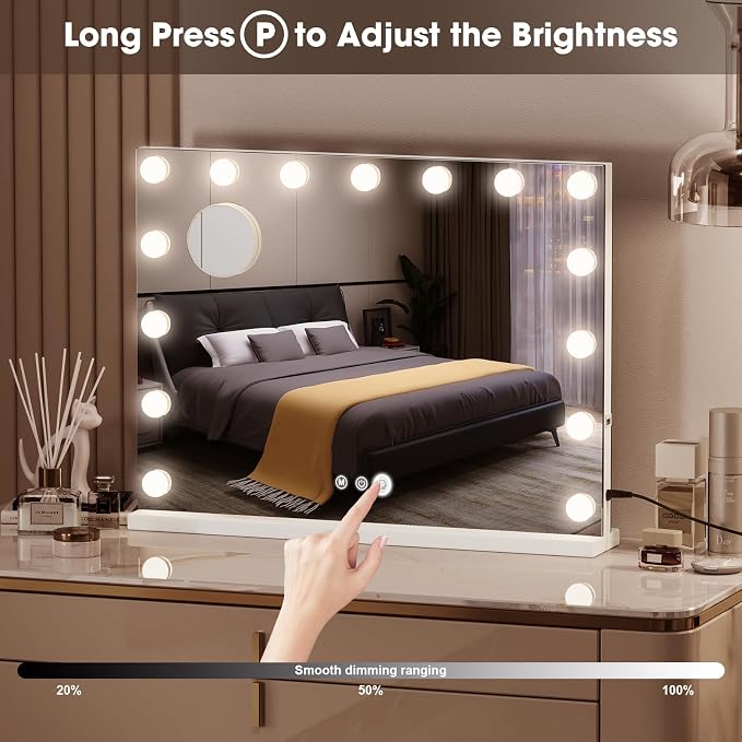 Vanity Mirror with Lights, Bluetooth, 10X Magnifier, 23 x 18 in | 15 LED bulbs, 3 color modes, desk or wall mount, USB charging port