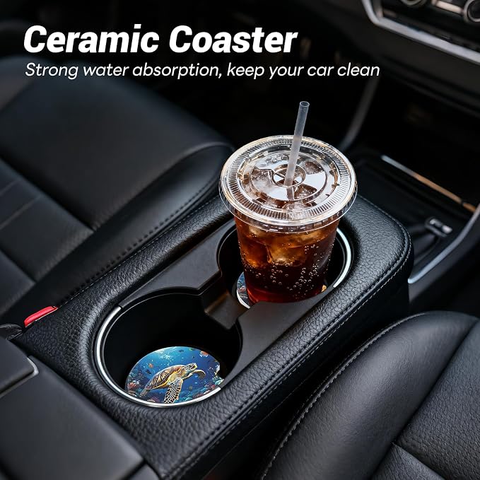 2 Pack Ceramic Car Coasters for Cup Holder, 2.56 in Anti Slip Absorbent Coaster with Cork Base and Finger Notch, Funny Cute Car Accessories for Women, BigTurtle