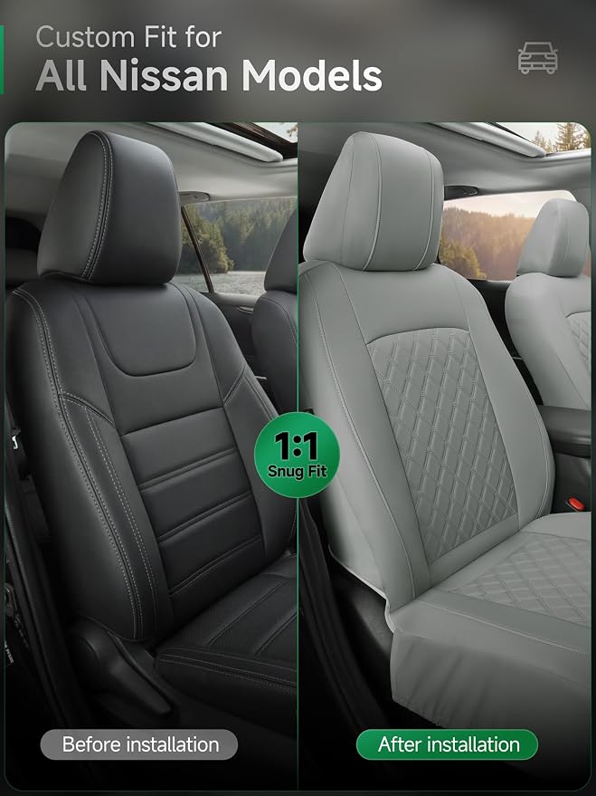 GIANT PANDA Front Seat Covers for Nissan Rogue Altima Sentra Versa Kicks Frontier Murano Pathfinder Maxima,Faux Leather Bucket Seat Cover Fit Nissan Seat Protectors (Gray Diamond) 2-Pack