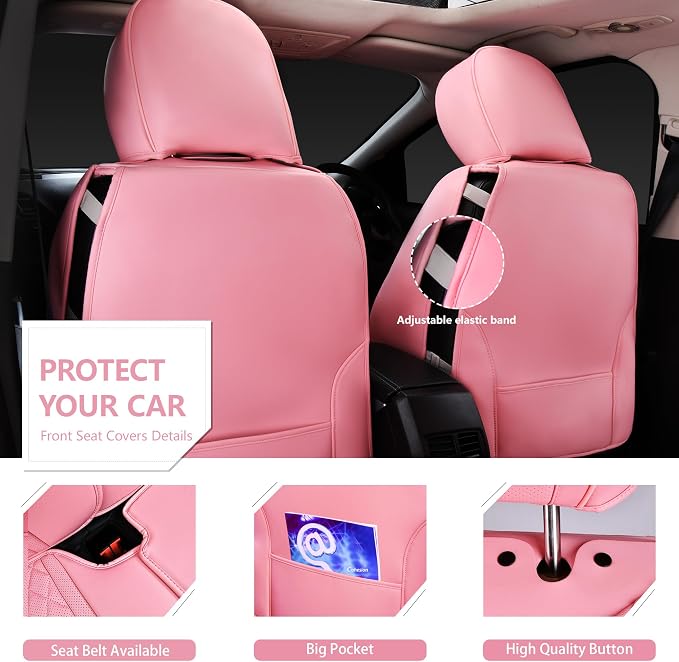 CAR PASS Bling Pink Nappa Leather Car Seat Covers for Front Seats, Waterproof Heavy-Duty Anti-Slip, Universal Fit for 95% Auto SUV Sedan Truck, Glitter Sparkly Shining Rhinestone, Pink Leather Diamond