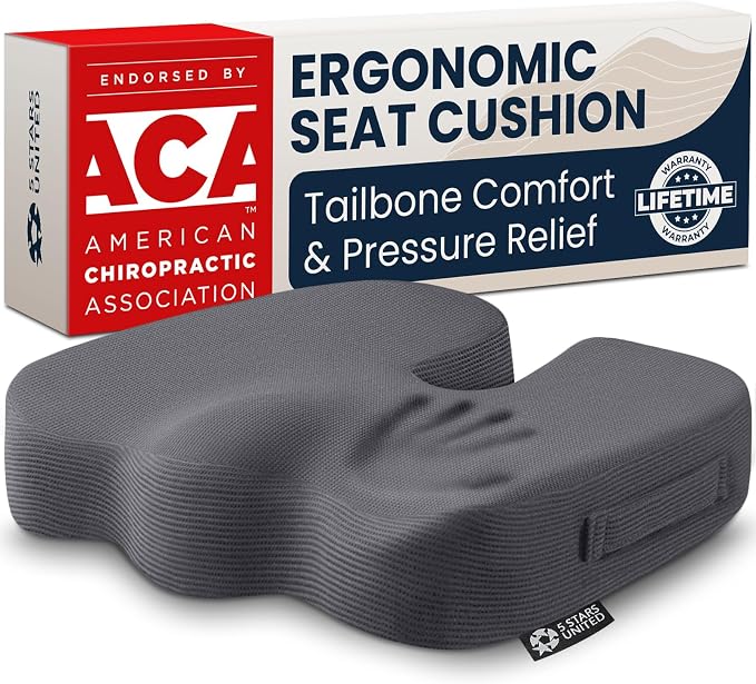 5 STARS UNITED Seat Cushion - Memory Foam Chair Cushion for Tailbone Pain Relief - Ergonomic Support for Coccyx, Sciatica & Butt - Office, Desk & Gaming Chair, Car Seat, Wheelchair, Airplane, D Gray