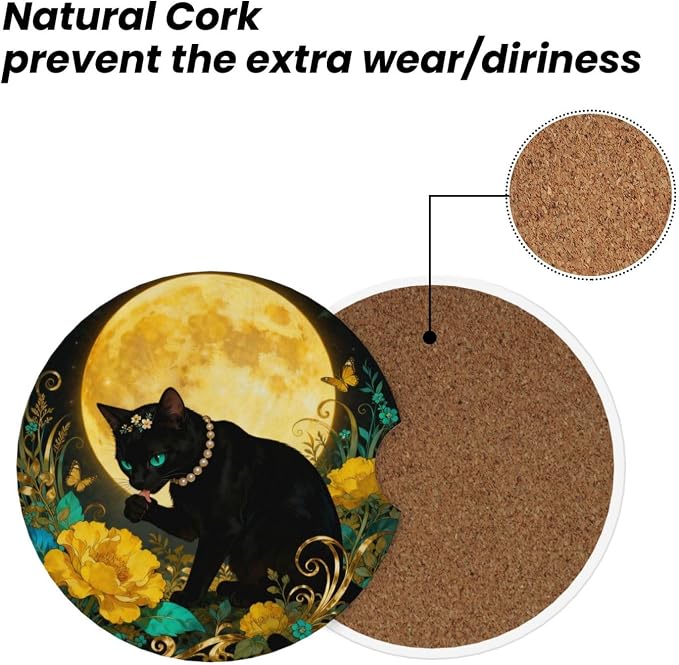 Black Cat Golden Moon Flower Bushes 2 Pack Car Cup Holder Coasters Absorbent Ceramic Drink Coasters 2.56" Anti Slip Cup Mat with Cork Base Finger Notch Auto Accessories Interior for Women Men