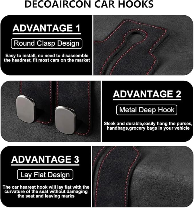 2 Pack Black Leather Car Headrest Hooks Purse Bag Storage Holders for Car Seats