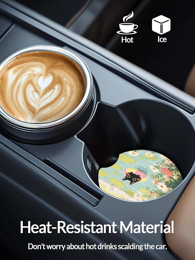 WOCOCN Cute Cup Holder Coasters for Your Car with Fingertip Grip, Auto Accessories for Women & Men,Pack of 2 (Cats and Pond)