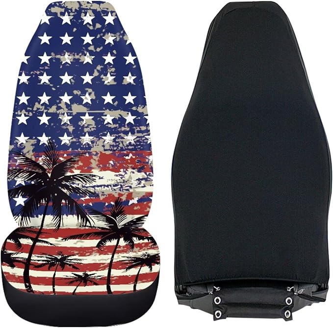 Palm Trees Front Car Seat Cover US Flag Auto Interior Accessories 2 Pcs Set Stretch Polyester Fabric Cover Patriotic All-Season Protection Suitable for Most Cars,SUV,Sedan
