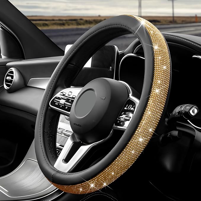 Diamond Leather Steering Wheel Cover, 15 Inch Bling Crystal Rhinestone Anti-Slip Wheel Protector, Universal Sparkling Elegant Diamond Steering Wheels Cover for Women Girl (Golden)