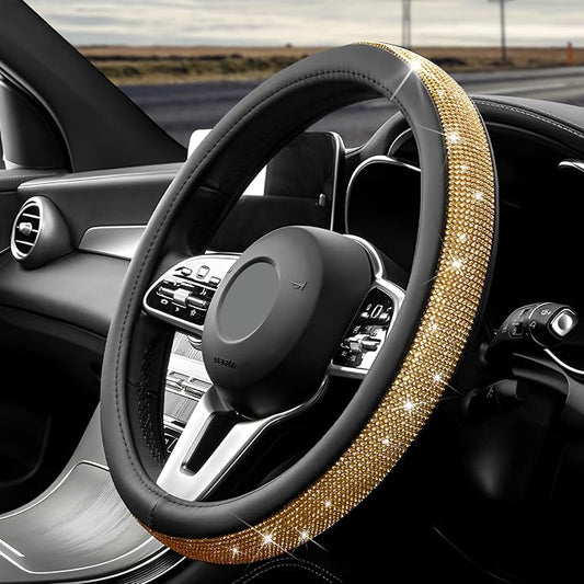 Diamond Leather Steering Wheel Cover, 15 Inch Bling Crystal Rhinestone Anti-Slip Wheel Protector, Universal Sparkling Elegant Diamond Steering Wheels Cover for Women Girl (Golden)