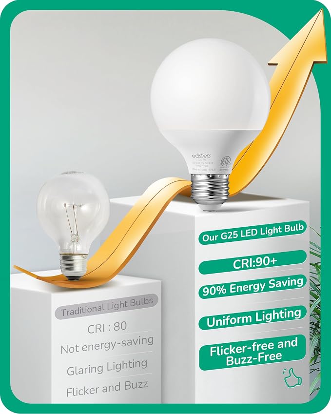 EDISHINE Vanity Light Bulbs, G25 LED Bathroom Light Bulbs, 25 Watt Equivalent Globe Light Bulb, CRI90+ 5000K Daylight White 450LM, E26 Base, 4 Pack Non-dimmable, ETL Listed