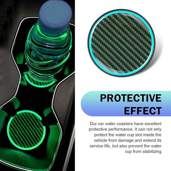 2 PCS Car Cup Coasters, Luminous Car Coasters, 2.83" Carbon Fiber Non-Slip Insert Coaster, Universal for Most Cars (Black)