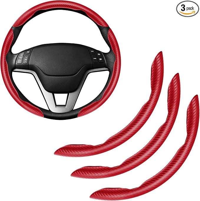 Amiss 3pcs Carbon Fiber Anti-Skid Steering Wheel Cover, Waterproof & Segmented Butterfly Design, Universal 99% Vehicle Wheel Cover Protector, Car Interior Accessories (Red-3pcs)
