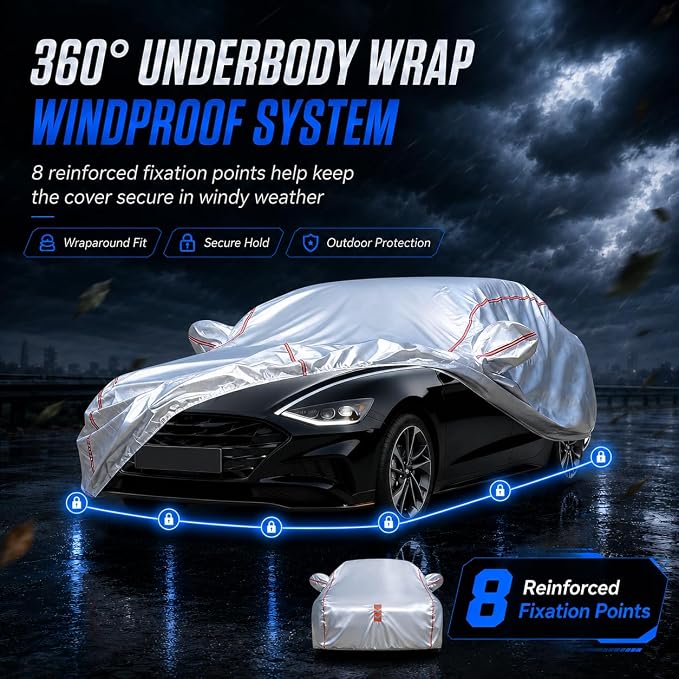 Waterproof All Weather Heavy Duty Vehicle Cover, 360° Underbody Wrap Windproof Design, Quick Install Outdoor Cover,（for Sonata Hyundai 2001-2025）