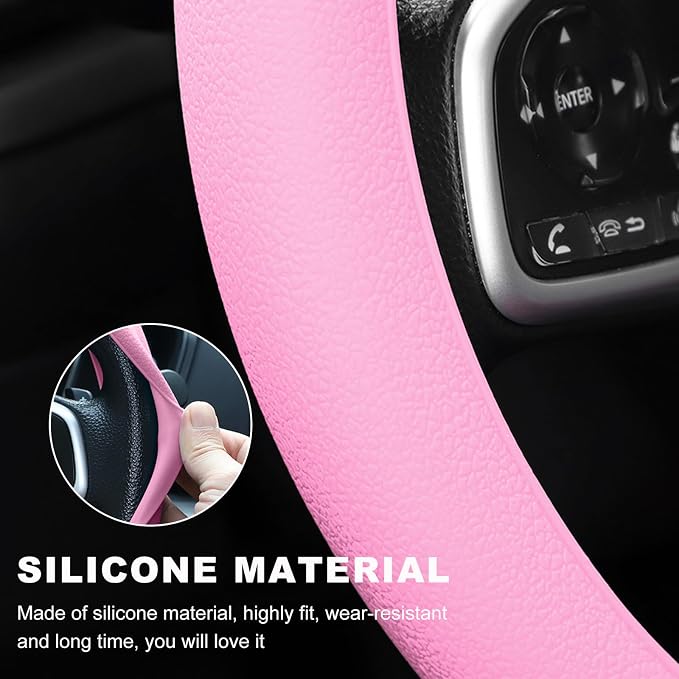 DXNQ Car Steering Wheel Cover, 13 to 14.17 inches Anti-Slip Silicone Steering Wheel Protector, Soft Flexible Shock-Absorbent Steering Wheel Protective Cover for Most Car Models (Pink)