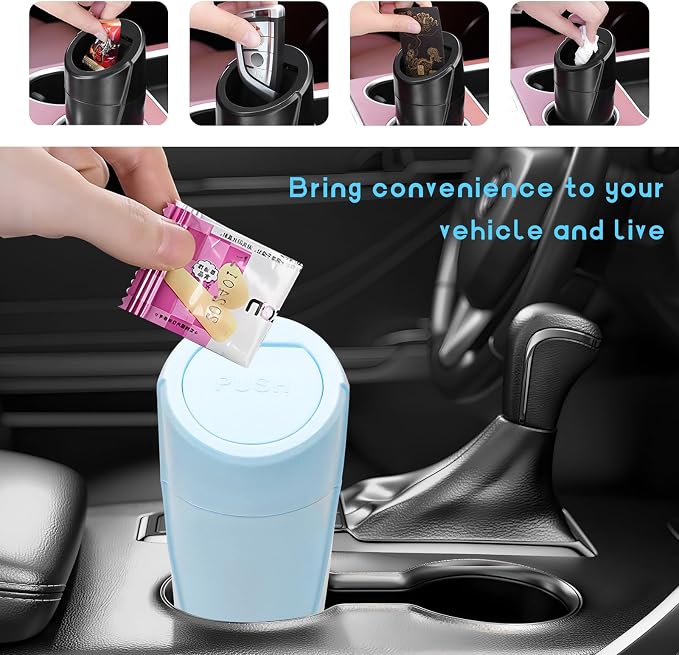 Car Trash Can Bin with Lid, Leakproof Auto Cup Holder Garbage Bin Multipurpose Storage Organizer, Mini Portable Dustbin Side Door Garbage Can for Vehicle Home Office (Light Blue)