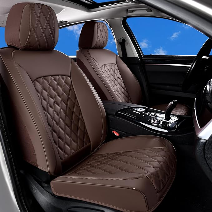 Huidasource Coffee Seat Cover, Car Seat Cover Nappa Leather Universal Fit for Most Cars, Vans, Trucks, SUVs, Compatible with Airbags, Child Seat, SUV Seat Covers Velcro Adjustable (Full Set/Coffee)
