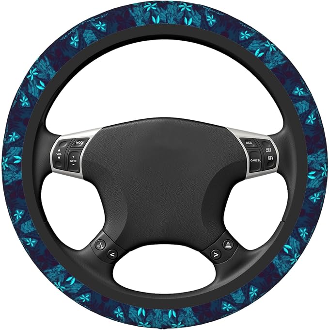 Polynesian Teal Tribal Leaf Floral Car Steering Wheel Cover for Women Men Stretch Cloth Anti-Slip Wrap Protector Case Fit Universal Auto Accessories Decor Sweat Absorption 14-15 Inch