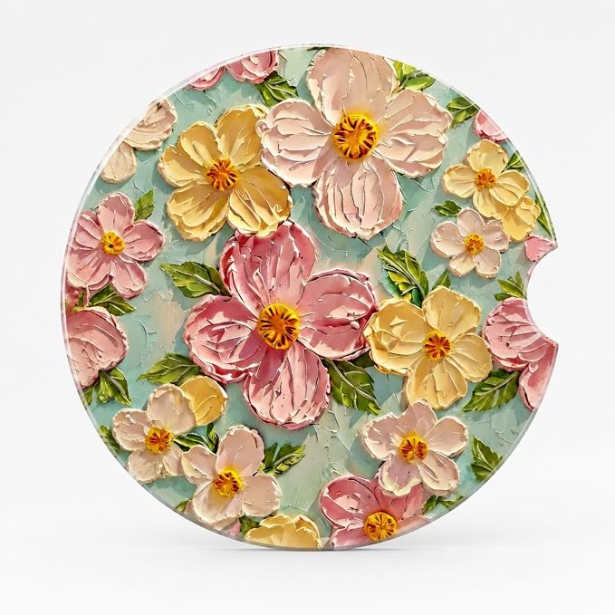 2Pack Car Cup Holder Coasters Absorbent Ceramic Coaster 2.56" for Women & Men Auto Flower Cute Car Accessories