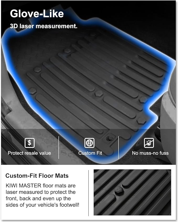 Kiwi Master Floor Mats for 2009-2018 Dodge Ram 1500/2500/3500 Crew Cab | 2019-2024 Ram 1500 Classic Crew Cab, Custom Fit All Weather Car Mat, Heavy Duty TPE Floor Liners, Front Rear 2 Row Set, Black