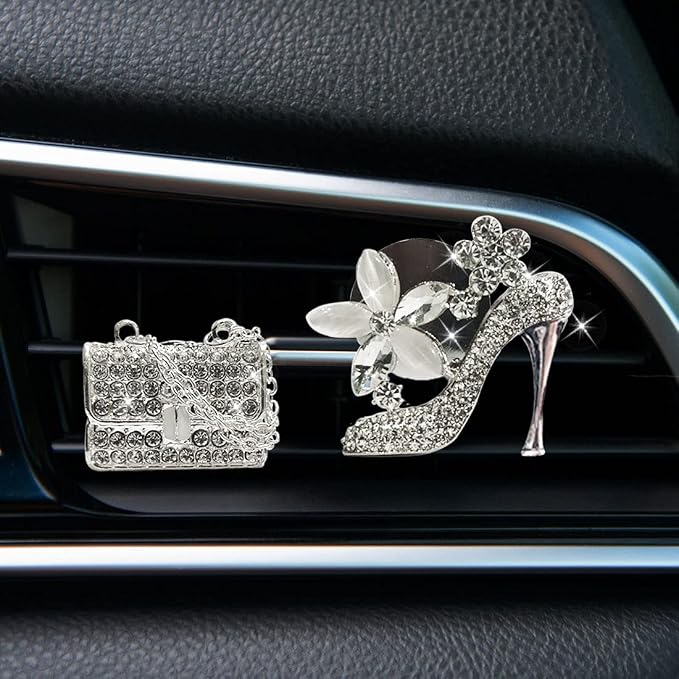 LHEVEN Crystal High Heel Shoe & Magic Bag Car Air Vent Clip Charm Bling sparkly bedazzled rhinestone Car Bling Accessories, Car Interior Decoration Charm, Rhinestone cute Car Decor girls