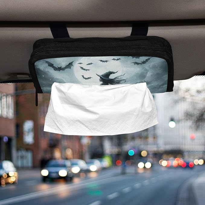 Halloween Bats and Witch Car Tissue Holder Durable Napkin Holder Hanging Tissue Holders Case Car Tissues Bag for Sun Visor Seat Back Universal Auto