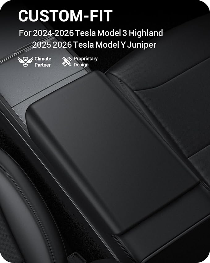 BASENOR Center Console Armrest Cover for 2025 2026 Tesla Model Y Juniper Tesla Model 3 Highland Non-Slip TPU [No Logo] Pet Scratch Resistant Accessories Black (Standard/Premium/Performance)