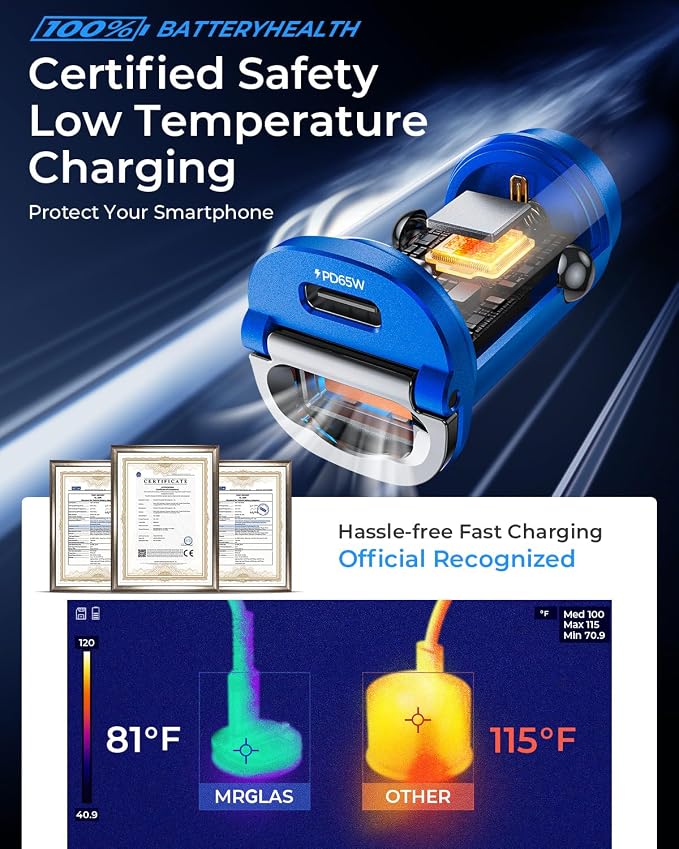 MRGLAS【Upgraded】 125W USB C Car Charger Super Fast Charging for iPhone 16 | [PD65W & QC60W][All Metal] Cigarette Lighter Car Charger,Dual Port for iPhone 16 15 Pro iPad Samsung S25 S24 MacBook-Blue
