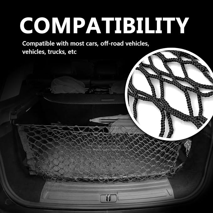 Car Rear Cargo Net Exterior Accessories, Adjustable Elastic Trunk Cargo Storage Organizer Net, Nylon Mesh Double-Layer with Hooks Compatible with Car, Trucks, SUV (35.4"x 15.7")