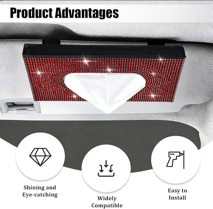 Bling Car Visor Tissue Holder, Shiny Rhinestone Leather Sun Visor Napkin Mask Case Holder Clip, Diamond AUT Paper Tissue Towel Box Dispenser, Universal Fit (Black/Red)