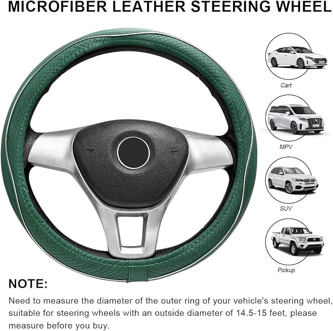 Car Steering Wheel Cover, 15 Inch Anti-Slip Breathable Leather Auto Steering Wheel Protector, Full Surround Soft Steering Wheel Cover for Men Women, Car Interior Accessories (Green & White)