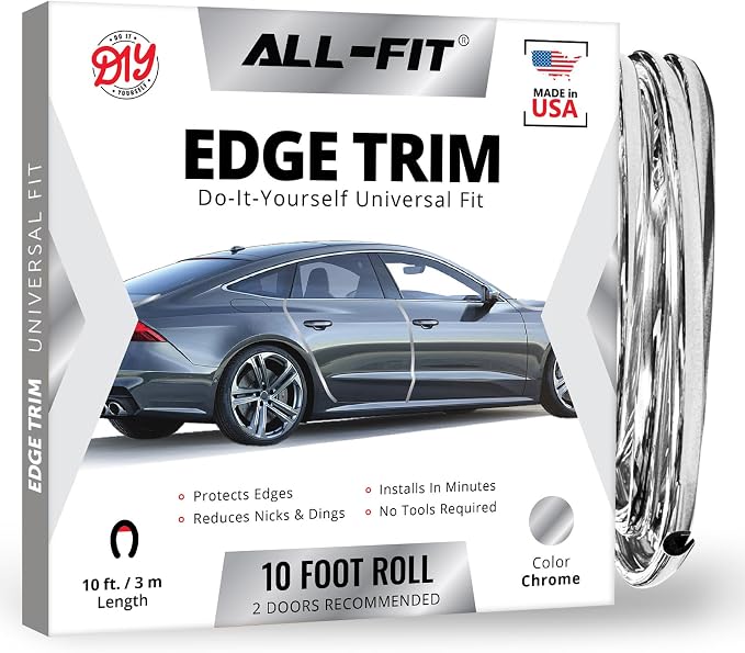 All-Fit Automotive Car Door Edge Protector – Universal DIY Edge Trim to Prevent Scratches & Dings – Flexible Adhesive Molding Trim for Cars, Trucks & SUVs (10 Ft - Chrome)