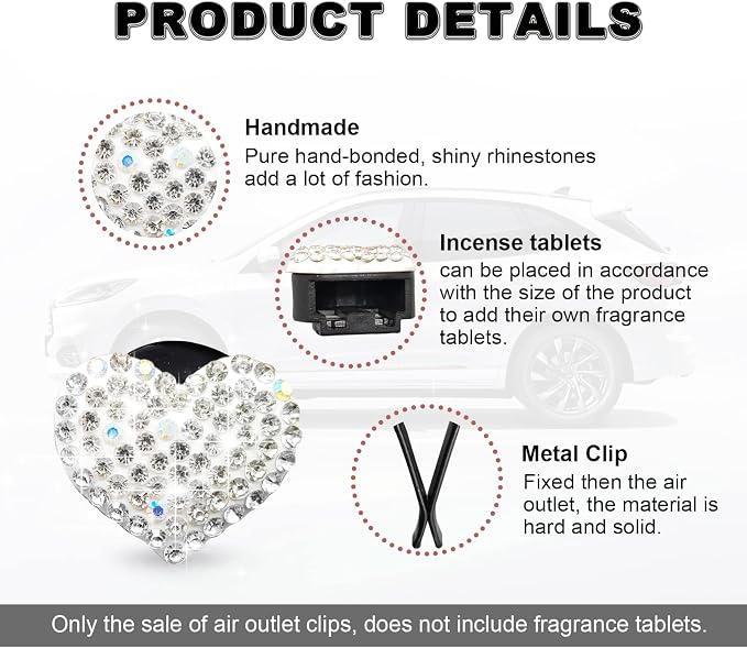 2Pcs Car Air Vent Clip, Bling Crystal Heart Charms Car Air Vent Clips, Car Air Conditioning Outlet Clip Decorative, Car Interior Decoration Accessories Universal for Women and Man (White)
