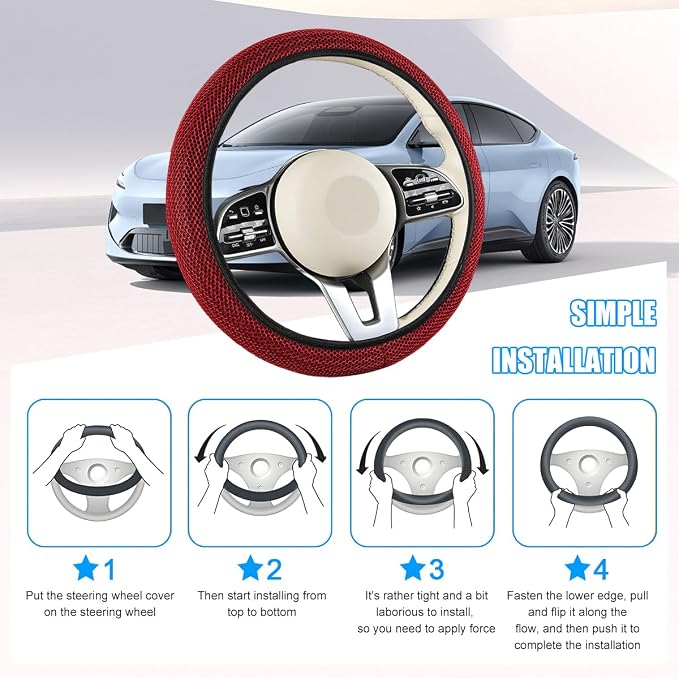 Elastic Stretch Car Steering Wheel Cover, Soft Breathable Ice Silk Steering Wheel Protector, Anti-Slip Automotive Interior Accessories, Universal for Sedan, Truck, Van (Red)