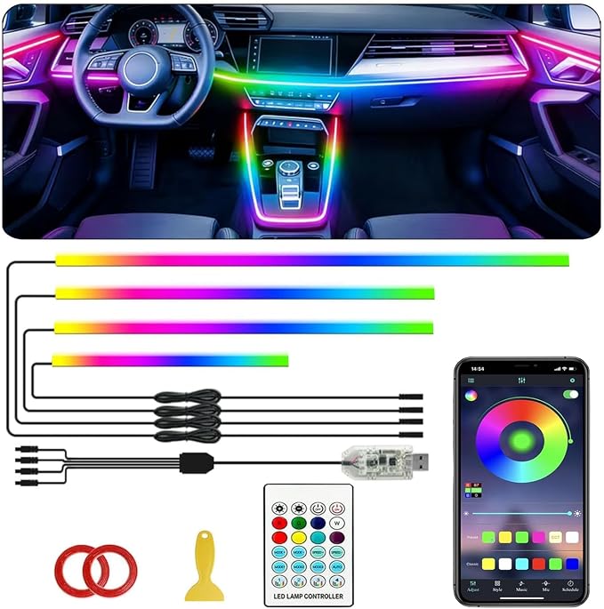 Interior Car LED Strip Lights, Acrylic LED Lights for Car with Dynamic Dreamcolor Chasing, Ambient Lighting Kits Music Sync Wireless APP and Remote Control (4 in 1)