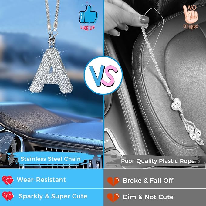 Bling Car Letter Charm, Rear View Mirror Ornament Cute Hanging Crystal Pendant Bling Car Accessories, Lucky Diamond Rhinestone Women Charm Auto Decoration (White A)