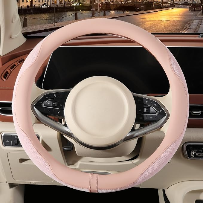 Nappa Leather Ice Silk Fabric Pink Steering Wheel Cover Women | Non-Slip Breathable Soft Car Accessories, Warm in Winter and Cool in Summer, Small 13.5 inch to 14 inch for Prius Civic