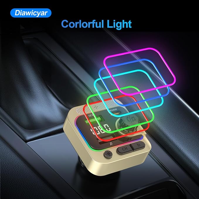 63W FM Transmitter Bluetooth Car Adapter, Wireless FM Bluetooth Transmitter | [PD 45W & QC3.0] Fast Charge, Deep Bass Player, Hands-Free Calling, Gold